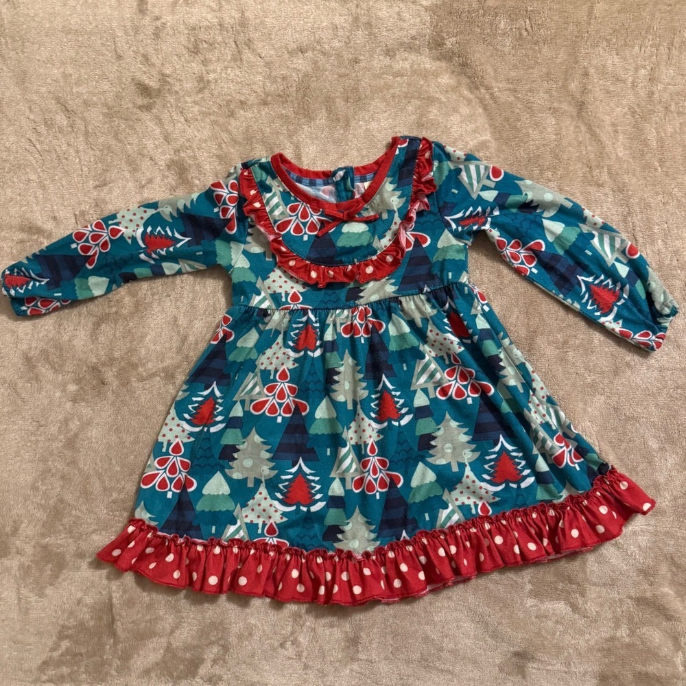 Matilda Jane Girls Christmas Tree Nightgown Dress Blue Red Ruffle Size 4/6
